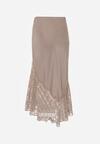 Beżowa Spódnica z Satyny z Koronką i Rozcięciem na Nogę Doritana