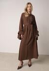 Brązowa Wiskozowa Sukienka Koszulowa z Falbanami przy Rękawach i Paskiem Dinirae
