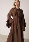 Brązowa Wiskozowa Sukienka Koszulowa z Falbanami przy Rękawach i Paskiem Dinirae