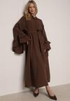 Brązowa Wiskozowa Sukienka Koszulowa z Falbanami przy Rękawach i Paskiem Dinirae