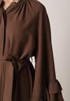 Brązowa Wiskozowa Sukienka Koszulowa z Falbanami przy Rękawach i Paskiem Dinirae