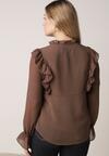 Brązowa Romantyczna Bluzka z Falbankami i Wiązaniem przy Dekolcie Zeaniyana