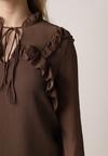Brązowa Romantyczna Bluzka z Falbankami i Wiązaniem przy Dekolcie Zeaniyana