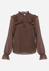 Brązowa Romantyczna Bluzka z Falbankami i Wiązaniem przy Dekolcie Zeaniyana