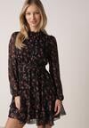 Czarna Rozkloszowana Sukienka w Kwiaty i Kropki z Transparentnymi Rękawami Edinella