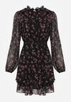 Czarna Rozkloszowana Sukienka w Kwiaty i Kropki z Transparentnymi Rękawami Edinella