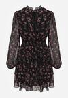 Czarna Rozkloszowana Sukienka w Kwiaty i Kropki z Transparentnymi Rękawami Edinella