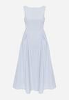 Jasnoniebieska Sukienka Bawełniana o Rozkloszowanym Fasonie z Dekoltem Łódką i Kieszeniami Elenira