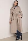Beżowy Bawełniano-Wiskozowy Płaszcz Trencz z Wiązanym Paskiem i Klapą Lissana