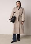 Beżowy Bawełniano-Wiskozowy Płaszcz Trencz z Wiązanym Paskiem i Klapą Lissana