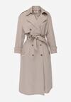 Beżowy Bawełniano-Wiskozowy Płaszcz Trencz z Wiązanym Paskiem i Klapą Lissana