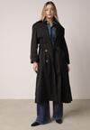 Czarny Bawełniano-Wiskozowy Płaszcz Trencz z Wiązanym Paskiem i Klapą Lissana