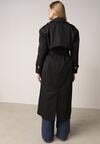 Czarny Bawełniano-Wiskozowy Płaszcz Trencz z Wiązanym Paskiem i Klapą Lissana