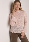 Różowa Koronkowa Bluzka z Falbanką i Rozszerzanymi Rękawami Nelaetia