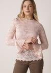 Różowa Koronkowa Bluzka z Falbanką i Rozszerzanymi Rękawami Nelaetia