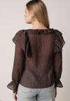 Brązowa Bluzka z Lyocellem Ozdobiona Falbanami i Wiązaniem Esathra