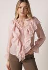 Różowa Bluzka z Lyocellem Ozdobiona Falbanami i Wiązaniem Esathra
