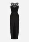 Czarna Koktajlowa Sukienka o Dopasowanym Kroju z Koronką Bermine
