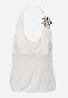 Biały Elegancki Top Halter Ozdobiony Łańcuszkiem i Kwiatową Broszką Idisara