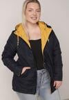 Żółto-Granatowa Przejściowa Kurtka Dwustronna Parka z Pikowaniem i Kapturem Tidare
