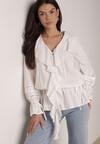 Biała Bawełniana Bluzka w Romantycznym Stylu z Falbankami i Wiązaniem Cezarina