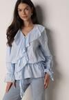 Niebieska Bawełniana Bluzka w Romantycznym Stylu z Falbankami i Wiązaniem Cezarina