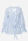 Niebieska Bawełniana Bluzka w Romantycznym Stylu z Falbankami i Wiązaniem Cezarina