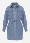 Niebieska Koszulowa Sukienka Jeansowa z Marszczeniem i Guzikami Dorinatta