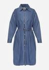 Niebieska Koszulowa Sukienka Jeansowa z Bawełną Ozdobiona Paskiem Carenatesa