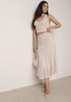 Beżowy Koronkowy Komplet Top Wiązany na Szyi i Spódnica Corinatea