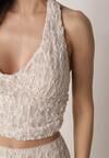 Beżowy Koronkowy Komplet Top Wiązany na Szyi i Spódnica Corinatea
