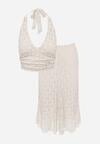 Beżowy Koronkowy Komplet Top Wiązany na Szyi i Spódnica Corinatea