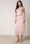 Różowy Koronkowy Komplet Top Wiązany na Szyi i Spódnica Corinatea