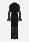 Czarna Koktajlowa Sukienka Koronkowa z Dekoltem V i Falbanami Frevina