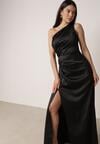 Czarna Satynowa Sukienka Wieczorowa na Jedno Ramię z Marszczeniem w Talii Cezalie