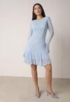 Niebieska Sukienka Koronkowa z Rozkloszowanymi Rękawami Cinatea