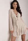 Beżowa Koronkowa Sukienka z Falbankami i Wiązaniem przy Dekolcie Delanatea