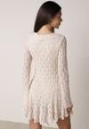 Beżowa Koronkowa Sukienka z Falbankami i Wiązaniem przy Dekolcie Delanatea