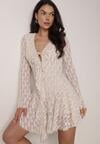 Beżowa Koronkowa Sukienka z Falbankami i Wiązaniem przy Dekolcie Delanatea