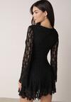 Czarna Koronkowa Sukienka z Falbankami i Wiązaniem przy Dekolcie Delanatea