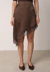 Brązowa Satynowa Spódnica o Asymetrycznym Kroju z Koronką Arlivia