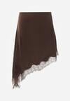 Brązowa Satynowa Spódnica o Asymetrycznym Kroju z Koronką Arlivia