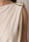 Beżowe Marszczone Body z Dekoltem Łódka i Ozdobną Aplikacją na Ramieniu Carlenka