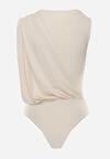 Beżowe Marszczone Body z Dekoltem Łódka i Ozdobną Aplikacją na Ramieniu Carlenka