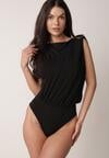 Czarne Marszczone Body z Dekoltem Łódka i Ozdobną Aplikacją na Ramieniu Carlenka