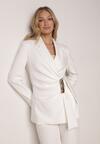 Biała Taliowana Marynarka z Wiskozą z Marszczeniem i Aplikacją przy Wiązaniu Alyndra