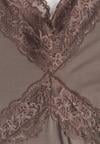 Brązowa Koktajlowa Sukienka z Wiskozy Zdobiona Falbanami Koronką i Wiązaniem Felycia