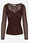 Ciemnobrązowa Bluzka Siateczkowa z Wiskozą z Długim Rękawem i Dekoltem w Serce Elanne