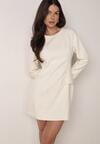 Jasnobeżowa Elegancka Sukienka VICES o Trapezowym Kroju z Imitacją Kieszeni Amaliete