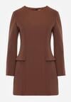 Brązowa Elegancka Sukienka VICES o Trapezowym Kroju z Imitacją Kieszeni Amaliete
